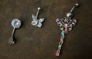 3 Surgical Steel Naval Bar Barbels Body Piercings Butterfly Dangling Butterfly